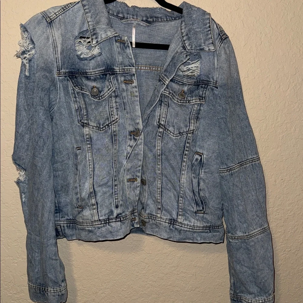 Free People Light Blue Distressed Denim Jacket